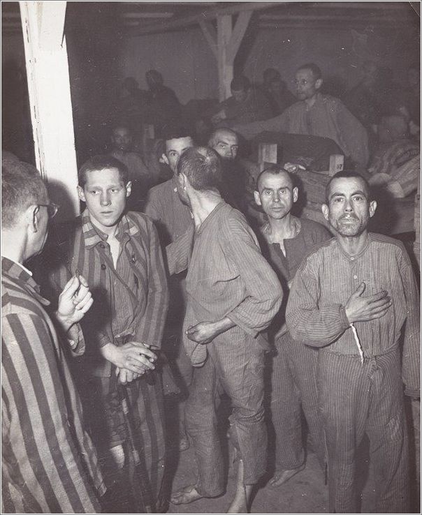 Prisoners mill about at Mauthausen after liberation